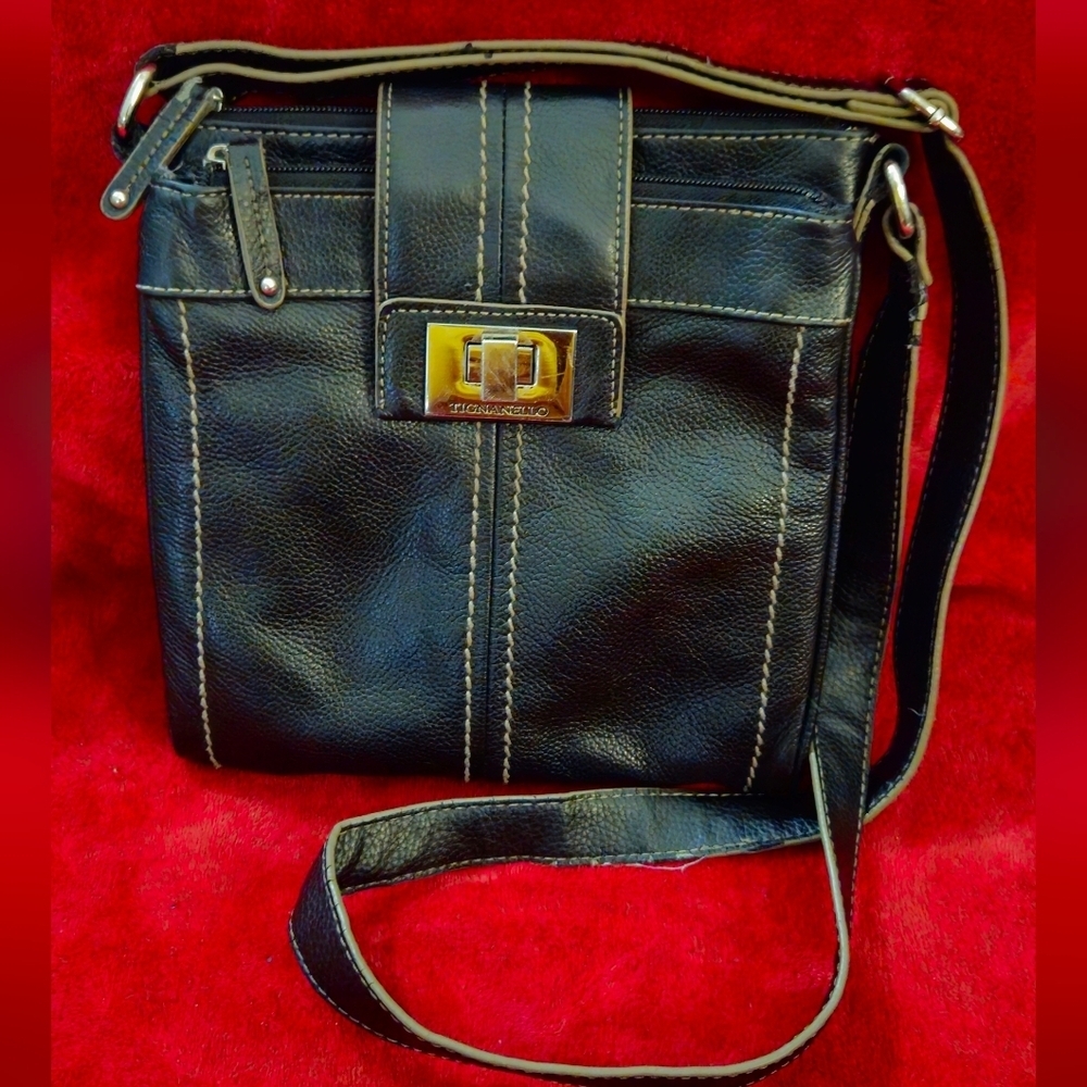 Tignanello Black Leather with Cream Stitching Crossbody Bag